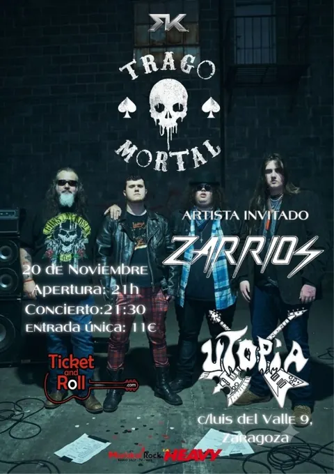 Cartel de Trago Mortal+Zarrios Pub Utopia, Zaragoza, 20 de noviembre de 2026